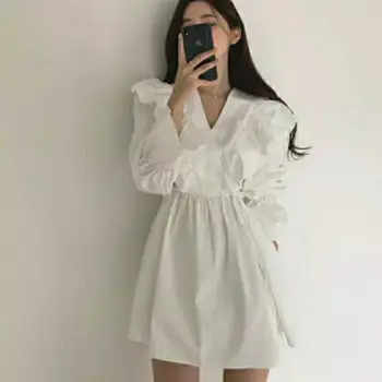 Kobiety Mini Krótkie falbanki Sukienka Biały Czarny Korea Moda Długi Rękaw V Neck Stałe Dziewczyny Eleganckie Sukienki Wiosna Lato Vestidos