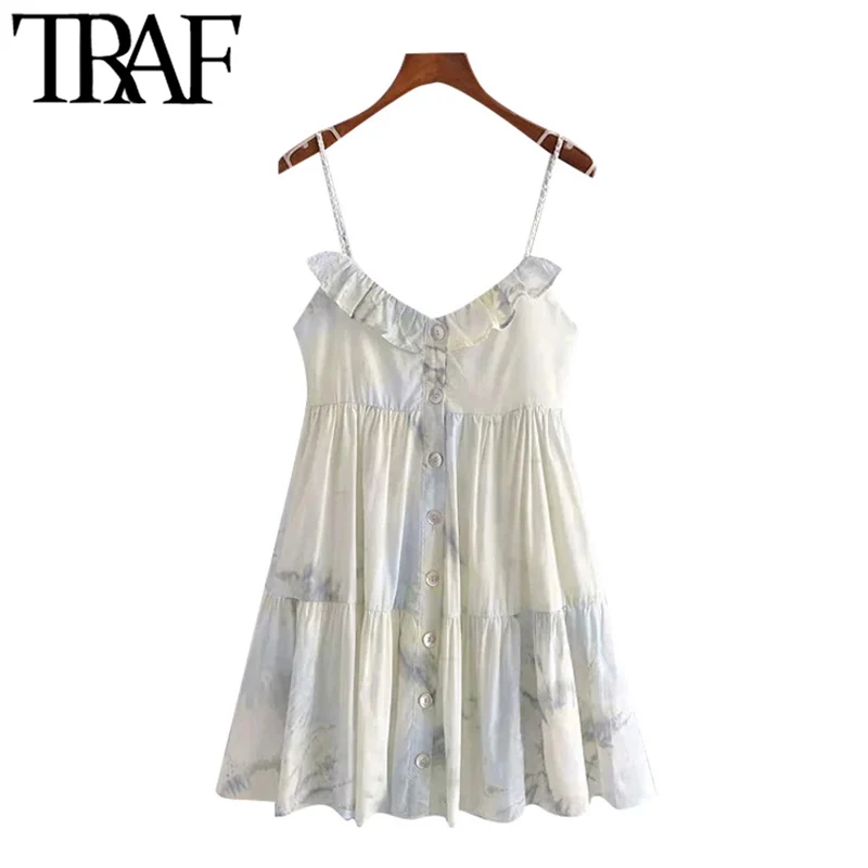 TRAF Women Chic Fashion Tie-Dye Print Ruffled Mini Dress Rocznika Backless Z Podszewką Cienkie Ramiączka Sukienki Damskie Mujer
