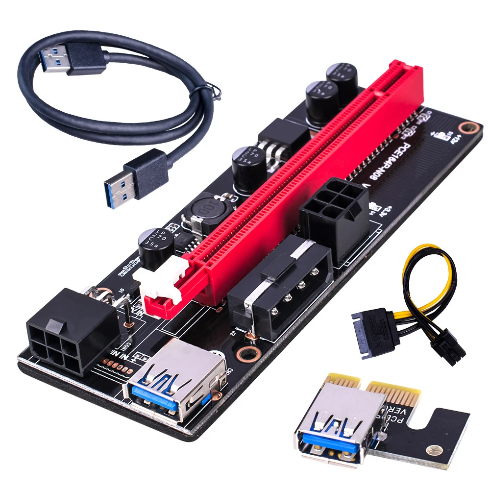 6szt VER009S PCI-E Riser Card Dual 6Pin Adapter Card PCIe 1X do 16X Extender Card USB 3.0 Kabel do Transmisji Danych do kopania BTC Miner