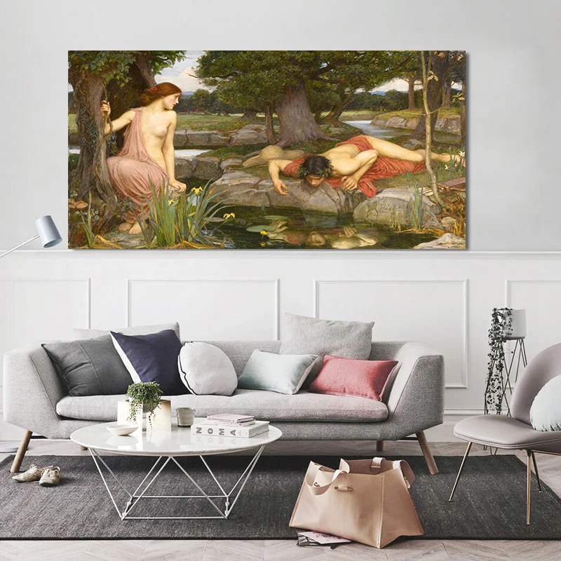 Цитон William Waterhouse《Echo i Narcyz》Płótnie obraz olejny znane na Całym świecie Dzieła sztuki Plakat Obraz Wystrój Dekoracja domu