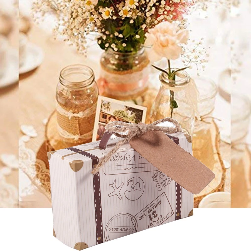 50 szt. Mini-walizka Favor Box Party Favor Candy Box, Wzór papier z etykietami i liny do Ślubu/Podróże Tematyczna impreza/Brid