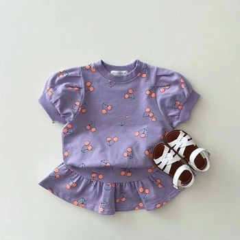 Koreańskie Lato Baby Girl Cherry Clothing Sets Kids Girls Short Sleeve Tshirt Tops + Miękka, Bawełniana Spódnica 2 szt. Komplet