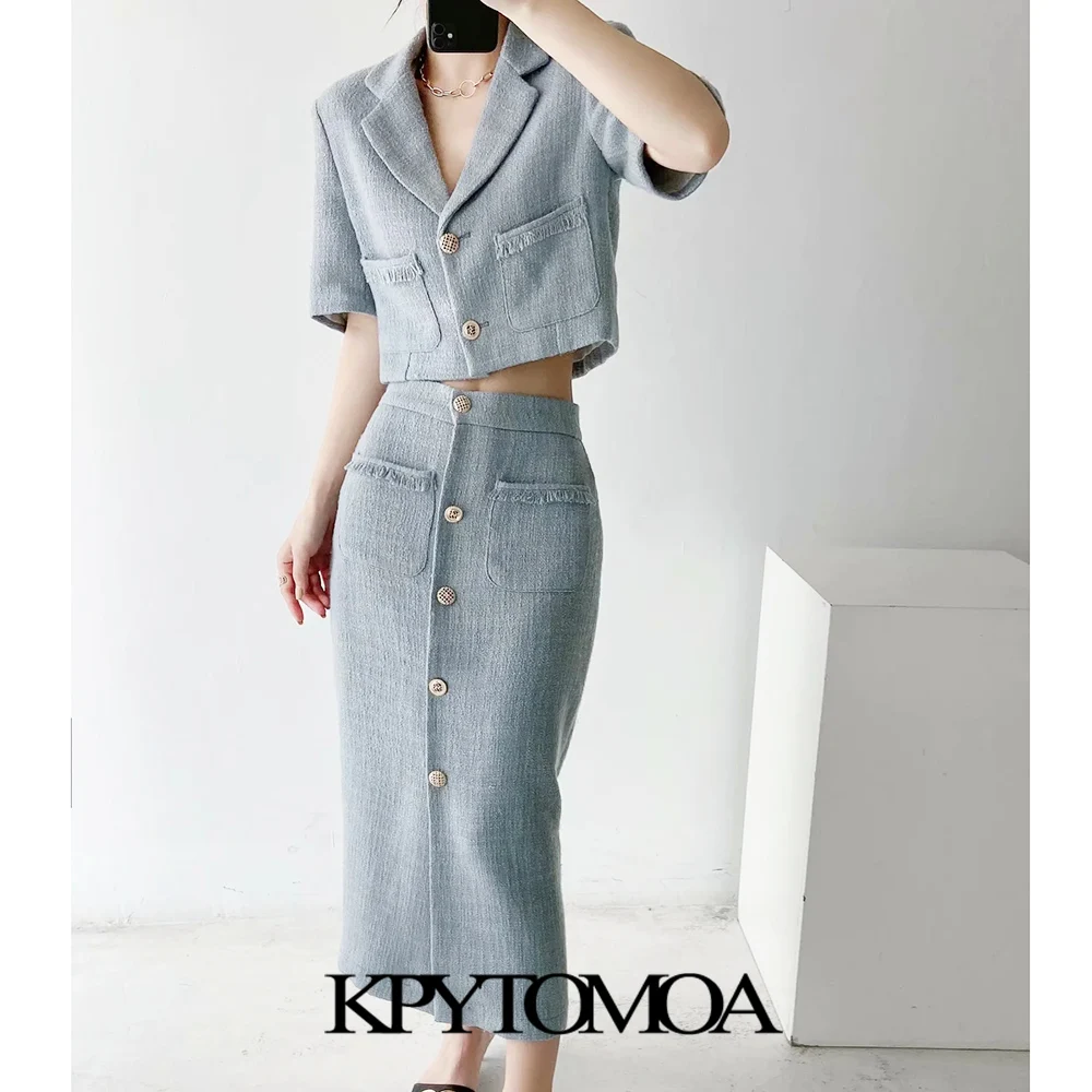 KPYTOMOA Women 2021 Fashion Frayed Trims Pockets Tweed Midi Skirt Vintage High Waist Back Zipper Damskie spódnice Mujer