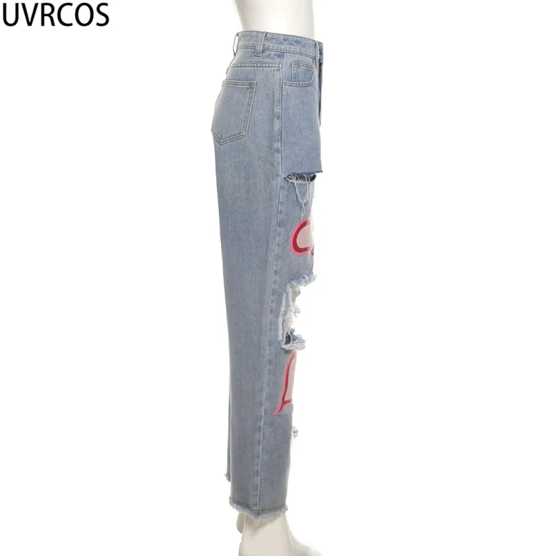 UVRCOS Letnia Odzież Dla Kobiet Dżinsy 2021 Nowa Moda Bawełna W Kształcie Serca Druku Hollow Buttorn Fajne Jeansowe Spodnie Uliczne