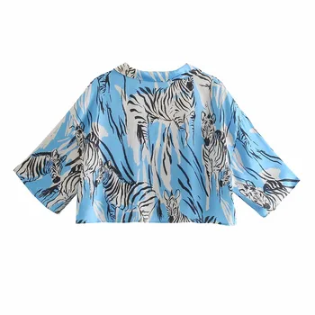 TRAF Za Blue Blouses Women Animal Print Shirt Woman 2021 Fashion Button-Up Shirt Ladies Summer Collared Short Sleeve Blousa
