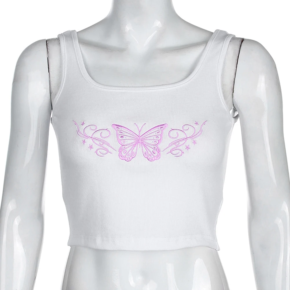 E-Butterfly girl Embroidery Sexy White Crop Tops Y2K Summer Women Fashion Streetwear Top Outfits Camis Vest Short Tank Crop Tops