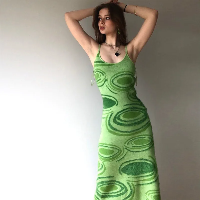 Sukienka letnia Kobieta Paisley Druku Drutach Zielony Y2K Bodycon Bez Rękawów Pasek Spaghetti, Beach Party Midi Sexy Sukienki 2021 Vestidos