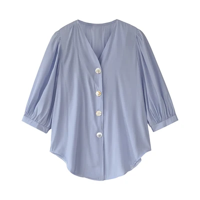 Houthion Nowa Damska Bluzka Lato Jednolity Kolor Wygodne Modne Bluzki V-neck Z Długim Rękawem Koreański Przycisk Top
