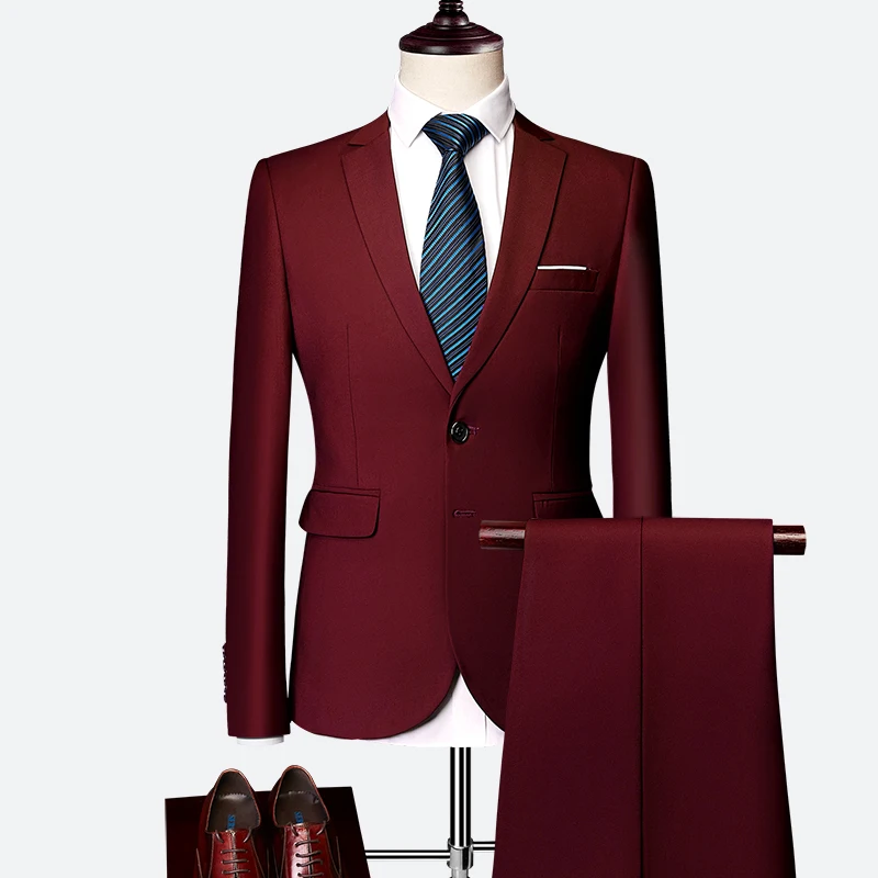 Klasyczny Męski Garnitur Set 2021 High-end Customized Solid Color Slim Business Dress Narzeczony Ślub Odzież Wysokiej Jakości Smoking Sukienka