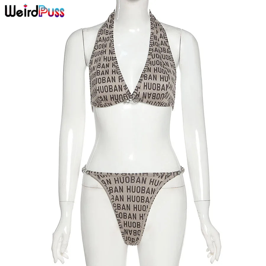 Weird Puss Women Letter Print Two Piece Set Sexy Bandage Halter Bra+Thong Beach Style Matching Klubowa Fashion Vacation Outfits