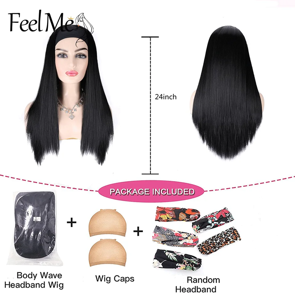 FEEL ME HAIR Machine Made Hair Wig Naturalny Kolor Peruki Naturalne Czarne peruki Syntetyczne Pełne długie, proste, Opaska na głowę Peruki Dla kobiet