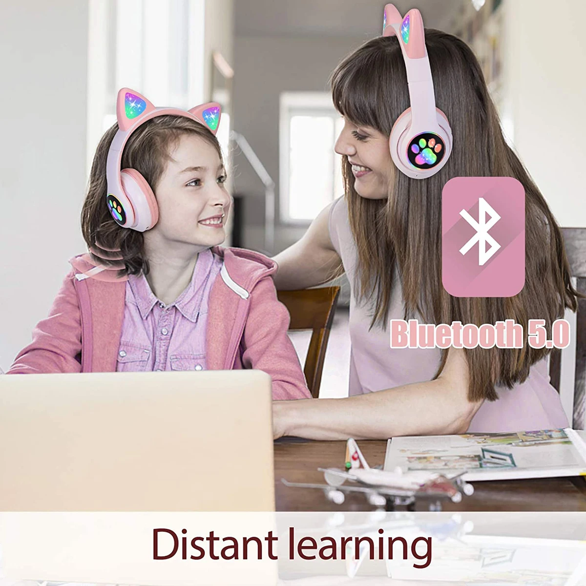 Cat Ear Headphones Pink For Girl Bluetooth Gaming Headsets Cute Wireless Phone Headset With Flash Led Light For Online Learning