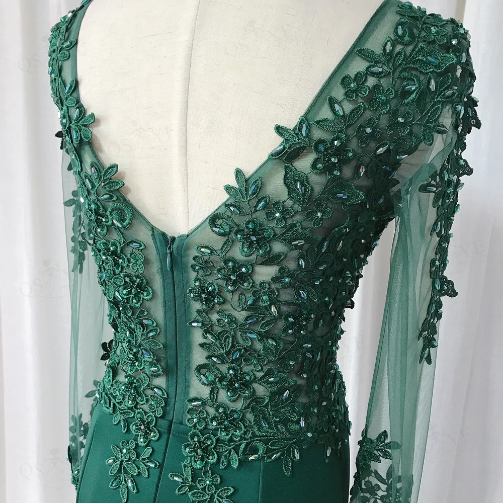 Zielone sukienki na studniówkę 2021 Elastyczna, Długa Suknia Syrenka Kobiety Koronki Koronki Suknia ślubna Z długim Rękawem, V Neck Emerald wieczór