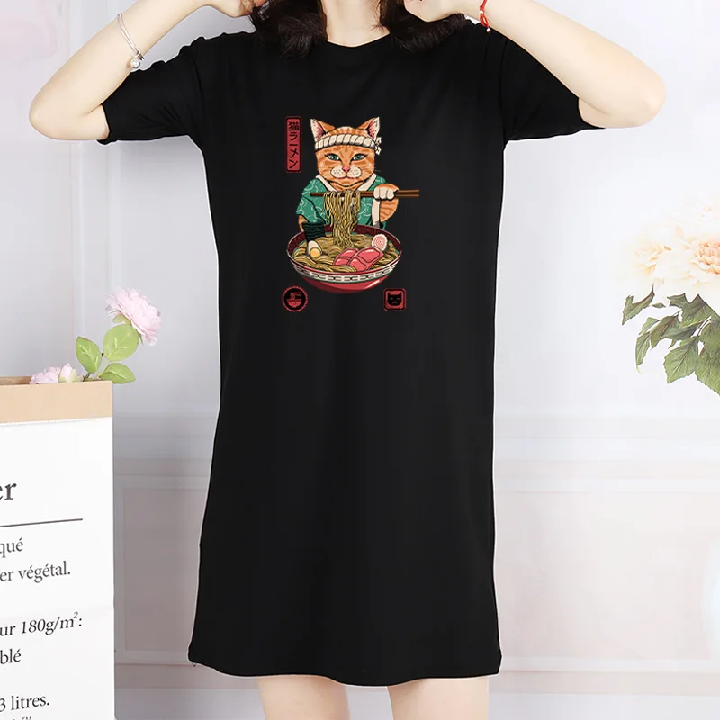 Letnia Sukienka Mini Kobiety Temat Japoński Kot Drukowania Koszulki Sukienki Koreański Z Krótkim Rękawem Meble Sweter Strój Codzienny