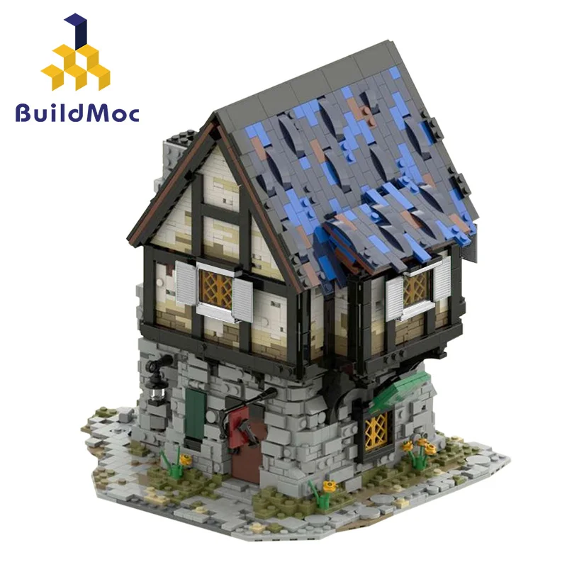 MOC The Medieval Smithy City Japanese Post Office Delivery Car Stores Retro Cabin Blocks Model Building Toys Bricks for Kids