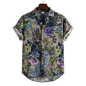 2021 Nowa Casual Shirt Z kwiatowym nadrukiem Moda Męska Koszula Hawajska impreza na plaży Luźne Ubrania z Krótkim Rękawem