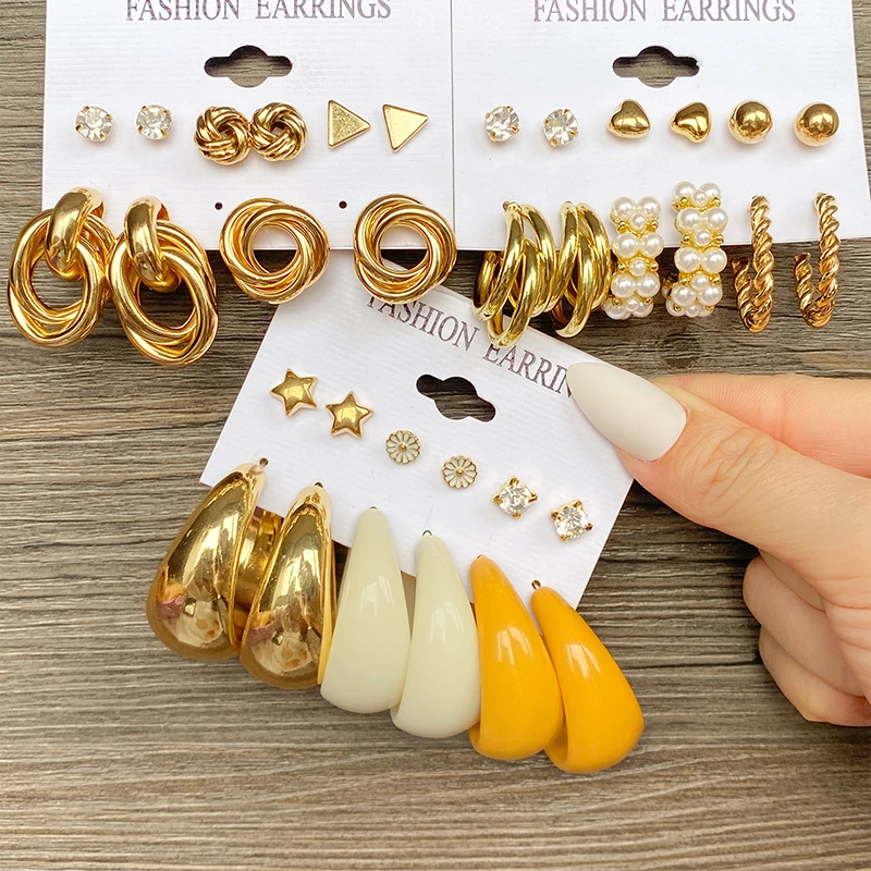 KISS WIFE Boho Gold Color Big Hoop Earrings Set For Women Geometric Square Circle Drop Earrings Brincos 2021 Trend Jewelry Gift