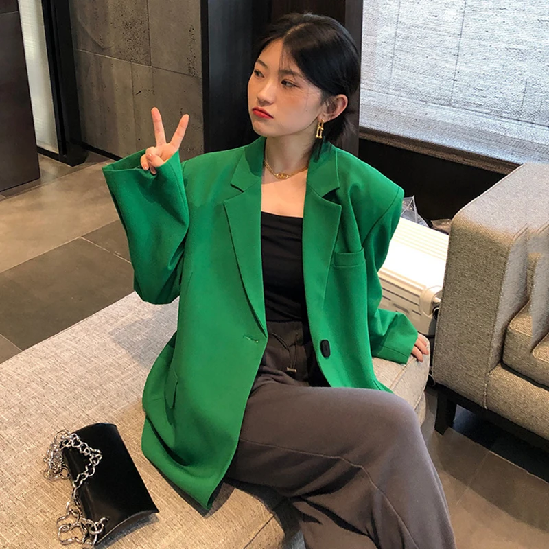 [EAM] Women Single Green Button Big Size Blazer New Lapel Long Sleeve Loose Fit Jacket Fashion Tide Wiosna Jesień 2021 1DD6454