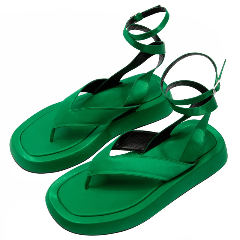 Płaskie Sandały Platfotm Kobiety 2021 Lato Artystycznej Plaża Klapki Mieszkania Sandalias Mujer Kostki-owinąć Gladiator Sandały Buty Zielony