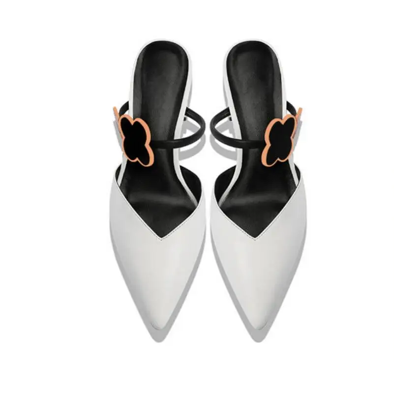2020 Nowe Modne Pantofle z Ostrym nosem Dla kobiet na średnim Obcasie Kwiat Letnia Buty dla kobiet na Kwadratowym Obcasie Biały