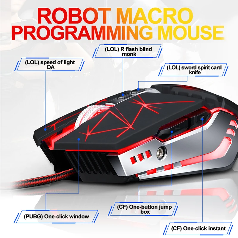 V7 Programmable Gaming Mouse RGB Backlit Wired Ergonomic Mouse Backlight 3200 DPI for PUBG LOL FSP CF Gamers Windows PC