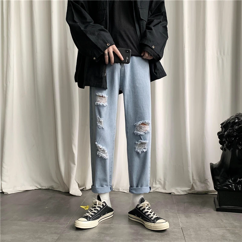 Letnie Bezpośrednie podarte dżinsy Męskie Korea moda Temat Casual Dżinsy Męskie Harajuku Street Hip-hop Jeansowe Spodnie o długości do kostek Mężczyźni