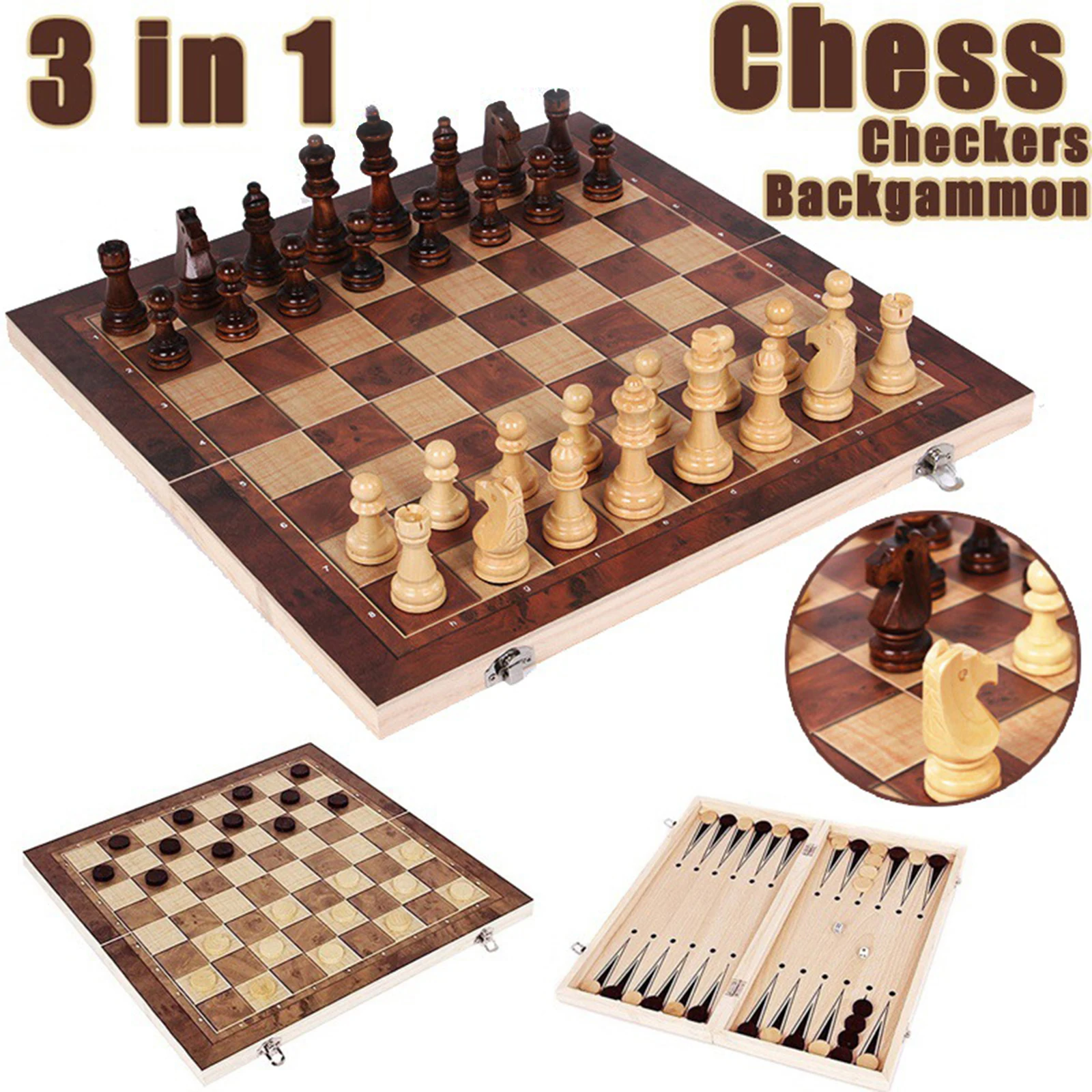 3 w 1 zestaw Szachowy Drewniana gra w Szachy, Backgammon, Warcaby Partia szachownica Szachy Drewniane Składana Plansza do gry w Szachy Chess 34*34cm