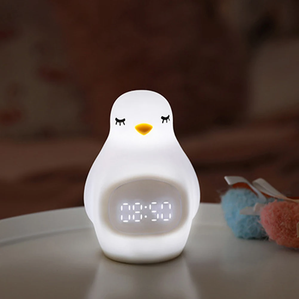 Silikonowy LED Budzik Wbudowany USB Bateria Biały/Ciepły Oświetlenie Cute Pingwina Dziecięca Lampka Nocna