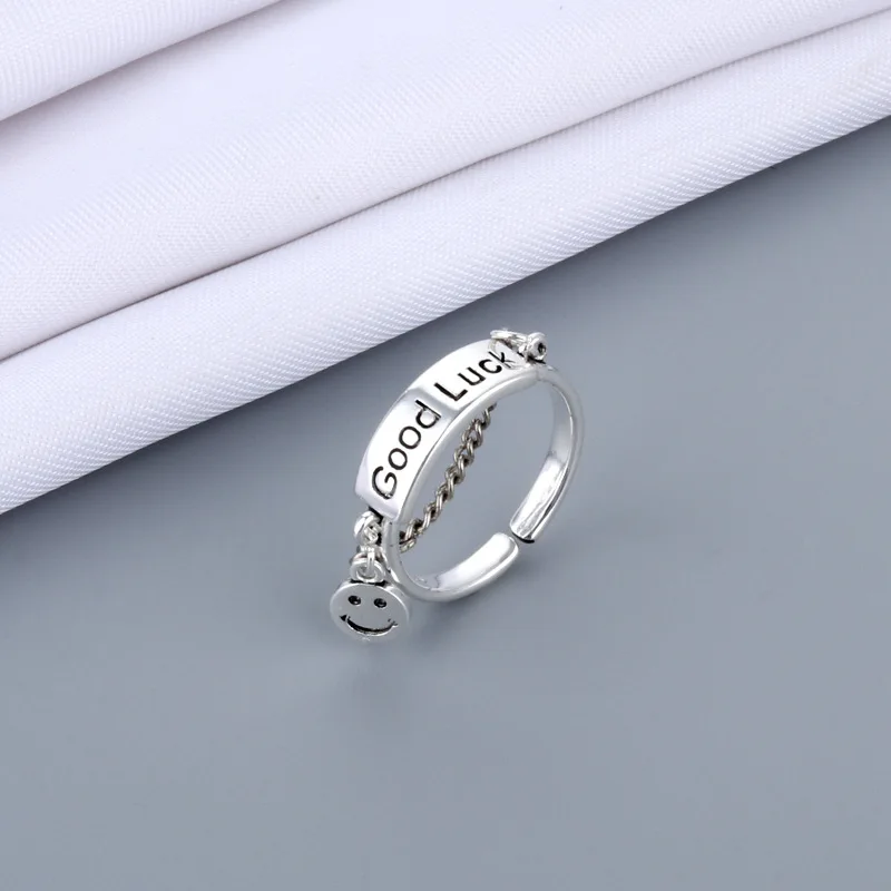 Unisex Rocznika Antyczny Srebrny Kolor Szczęśliwy Uśmiechnięta Twarz Otwarte Pierścienie dla Kobiet Hip - Hop Powodzenia List Regulowany Pierścień Biżuteria 123