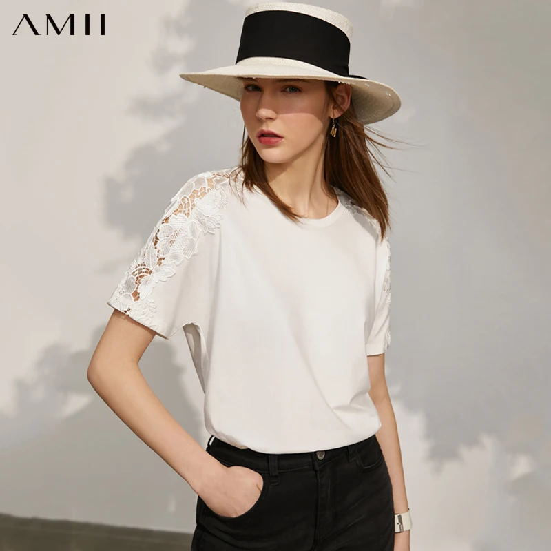 Amii Minimalism Summer Women ' s Tshirts Casual New Oneck Lace T shirt odzież Uliczna Temat haftowane Bluzki Dla kobiet 12140358