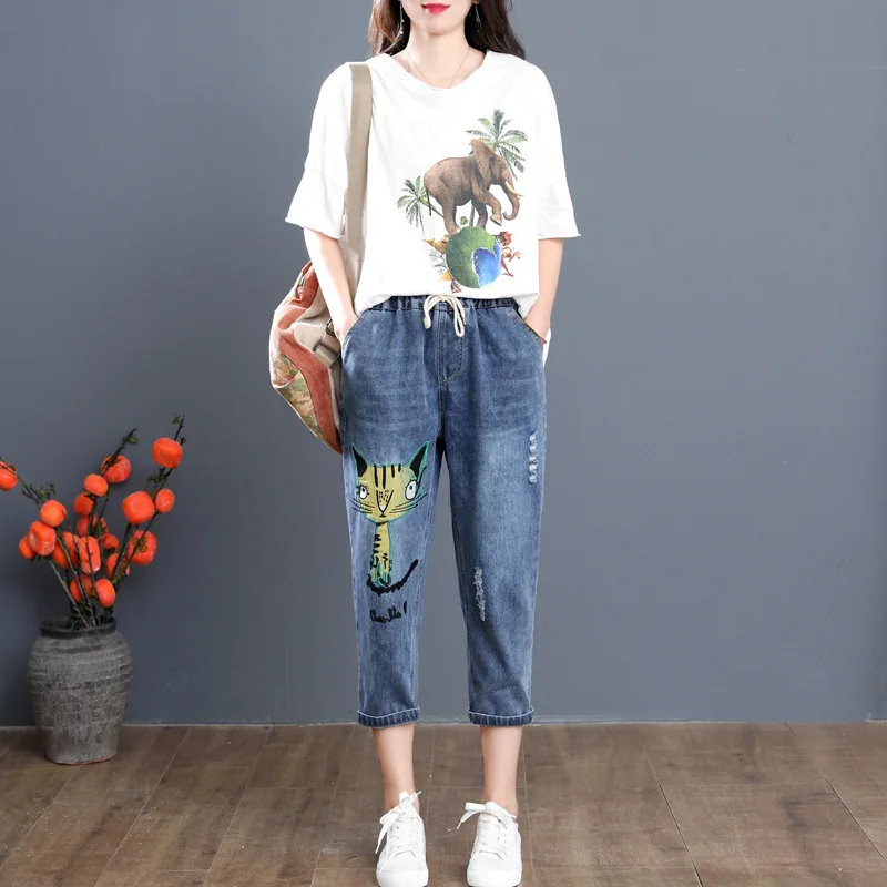 Koreański Styl Moda damska Punk Uliczny Damskie Haft Podarte Dżinsy Kobiety Rocznika Drukowane Spodnie jeans mujer
