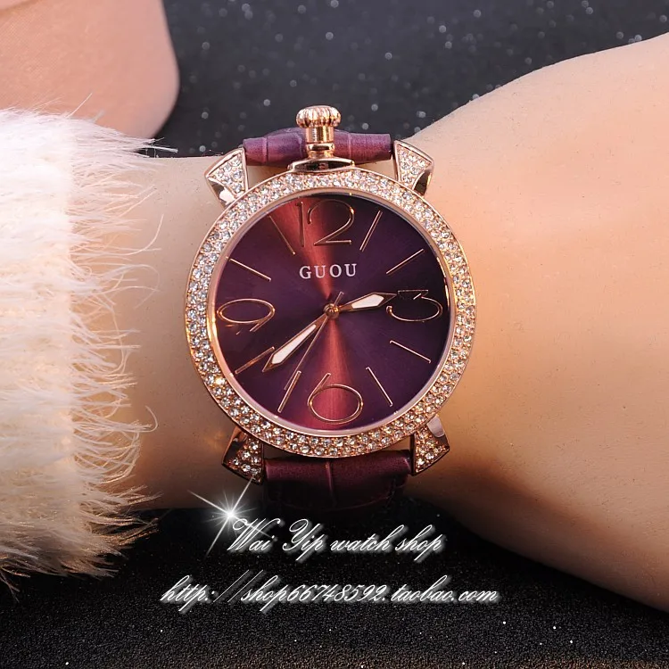 Fioletowy różowe złoto kobiety luksusowej marki pełna rhinestone zegarki damskie skórzany pasek zegarek kwarcowy kobiety znane zegarek