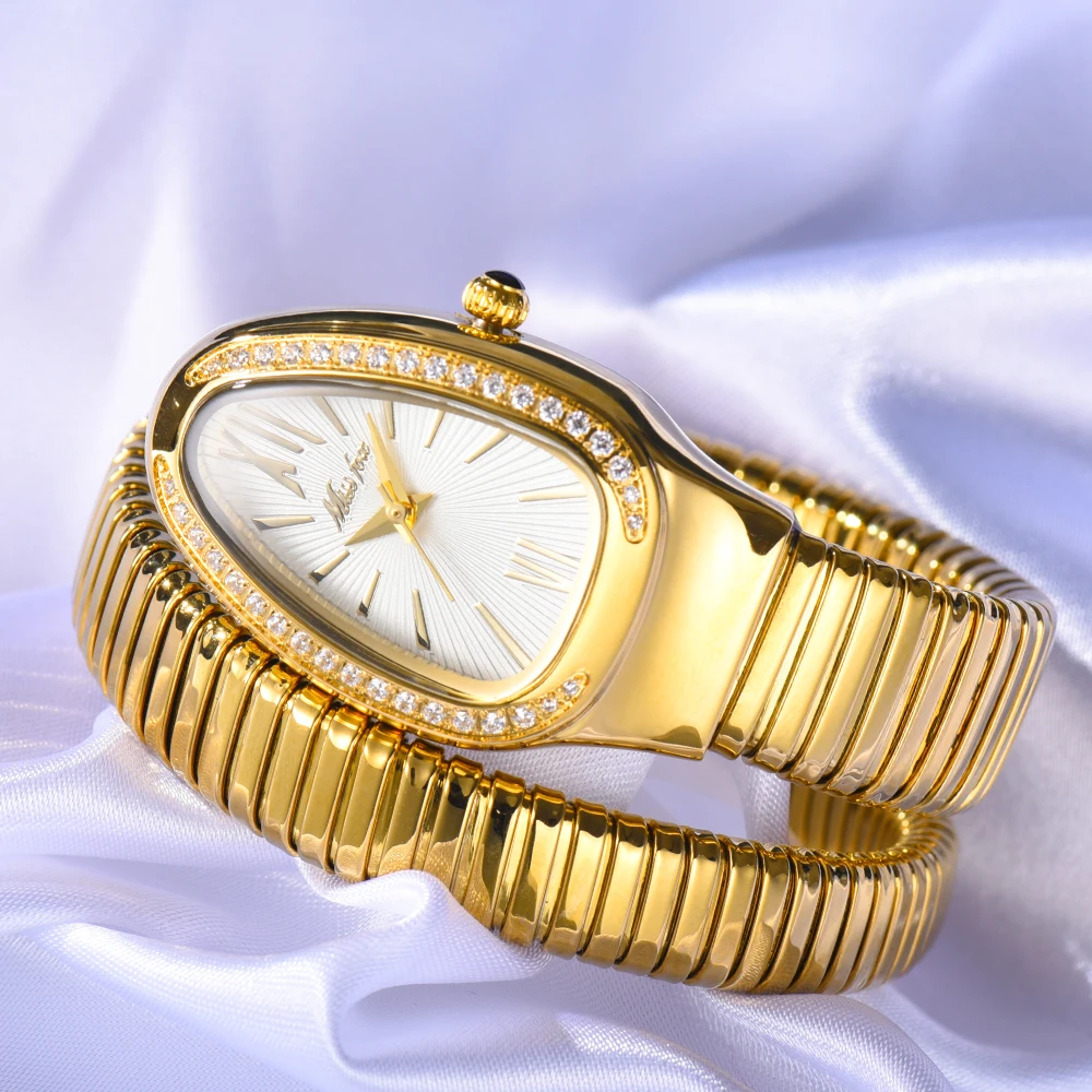 MISSFOX Klasyczny Bransoletka Zegarek Damski Biały Wąż Dial 18k Gold Wyjątkowe Damskie Zegarek Kwarcowy Prezent Wodoodporny Zegarek Dla pani