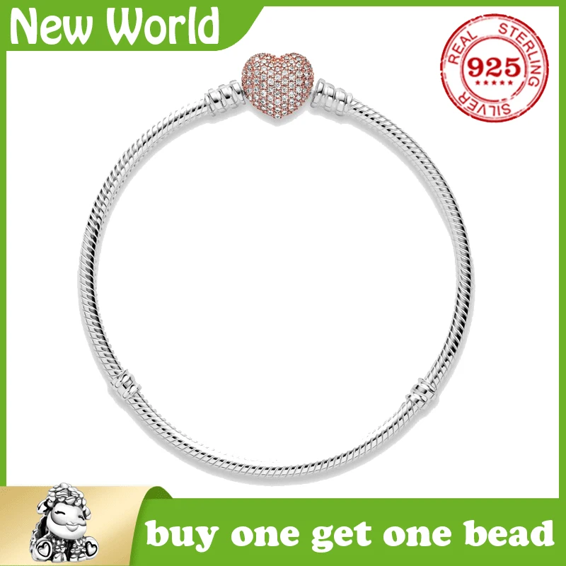 S925 srebro romantyczny różowy w kształcie serca Utorować Klamrę Wąż Łańcuch Pando klasyczny bransoletka DIY biżuteria dla kobiet