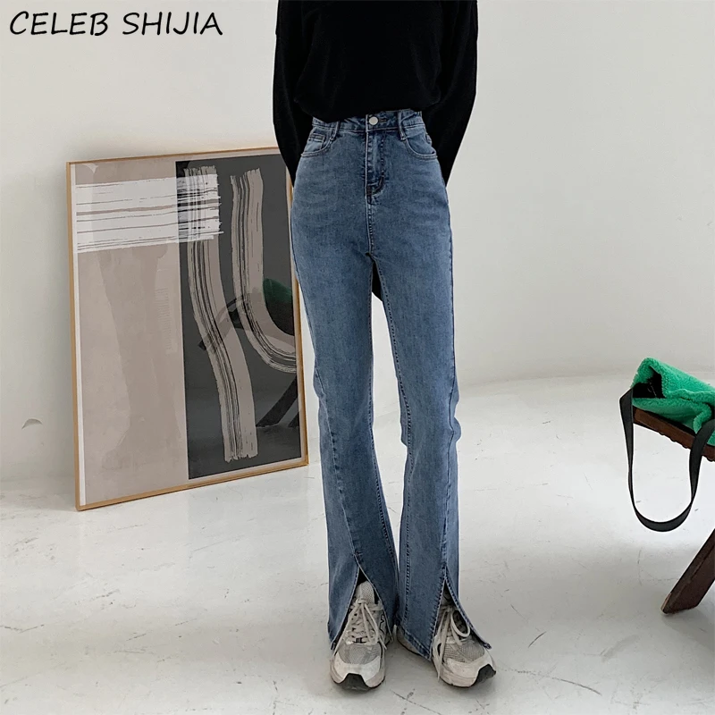2021 Flare Spodnie Z Wysokim Stanem Jeansowe Damskie Elastyczne Jeansowe Jeansy damskie Rocznika Niebieskie Koreańskiej Odzież Uliczna, Odzież Split Spodnie Kobiety