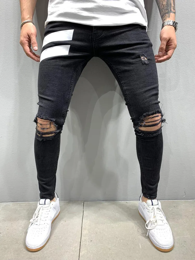 Męskie Wąskie Podarte Dżinsy 2021 Casual Odzież Uliczna Otwór Slim Fit Denim Spodnie Mężczyźni Hip-Hop Pot Ołówek Spodnie