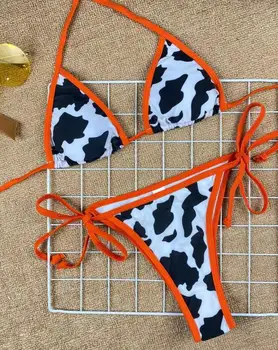 2021 Strój Kąpielowy Sznurowanie Bandaże Damskie Stroje Kąpielowe Trójkąt Krowa Drukowania Stroje Kąpielowe Sexy Bikini Zestaw Kobiet Stroje Kąpielowe Stroje Kąpielowe