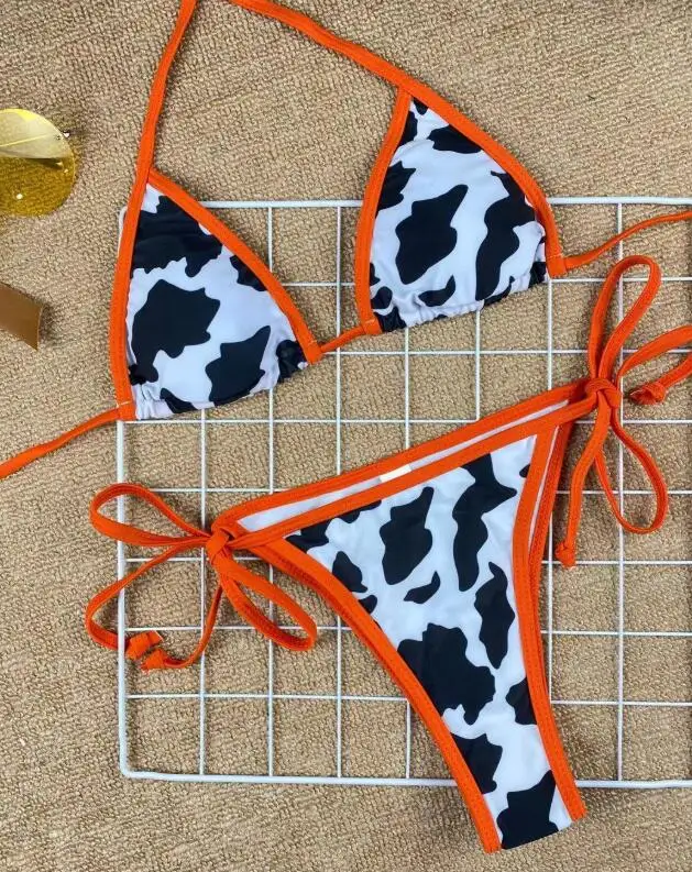 2021 Strój Kąpielowy Sznurowanie Bandaże Damskie Stroje Kąpielowe Trójkąt Krowa Drukowania Stroje Kąpielowe Sexy Bikini Zestaw Kobiet Stroje Kąpielowe Stroje Kąpielowe