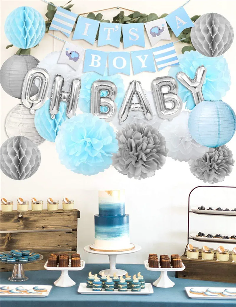 Boy Baby Shower Boy Party Decoration It ' s A Boy Banner with Blue Elephant Grey White Paper Flower Ball abc407