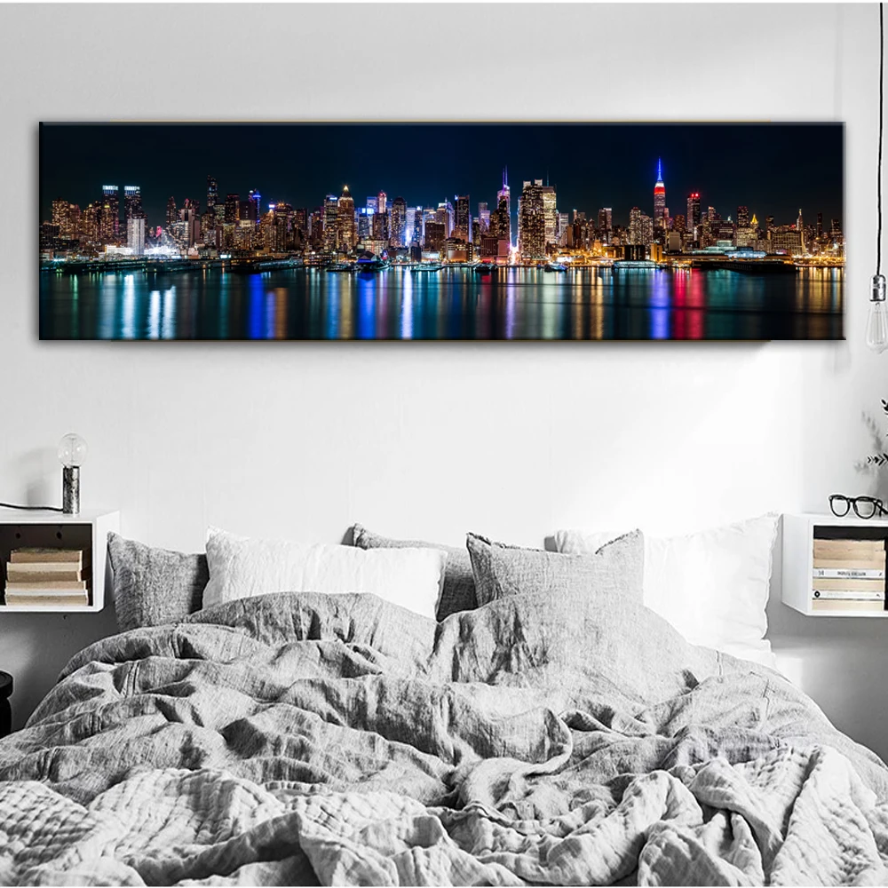 Manhattan Widok Nocny W Nowym Jorku Malarstwo Plakaty Wydruki Quadros Cuadros Pop Wall Art Picture For Living Room Home Decor