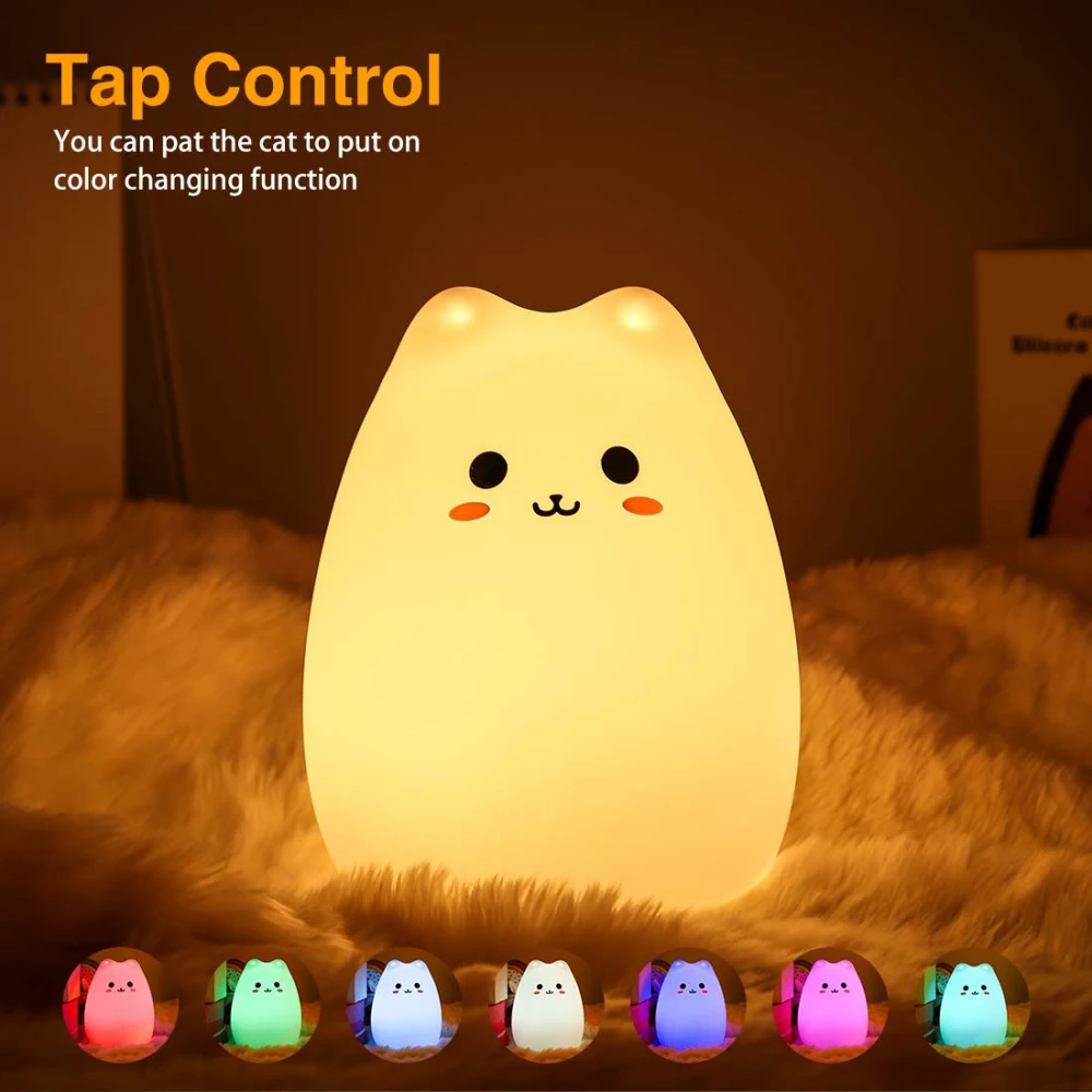 LED Night Lights Touch Sensor Colorful Soft Silicone Cartoon Cat For Baby Kids Chid Gift Sleeping Lamp Bedroom Desk Decor Luces
