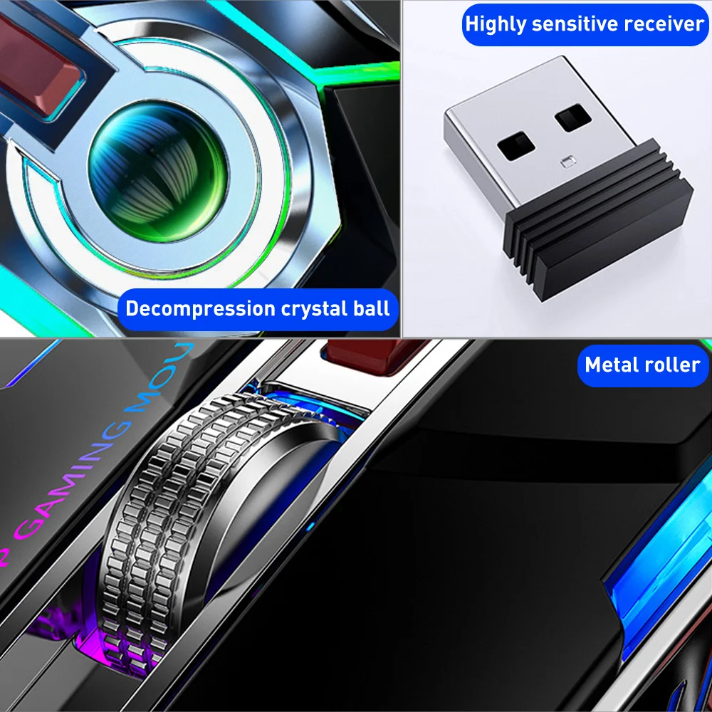 Bezprzewodowa Mysz do Gier RGB LED Backlight 2.4 G Silent 1600DPI Ergonomiczny 7 Przycisków USB Optyczna Zestaw Myszka Do KOMPUTERA Laptopa