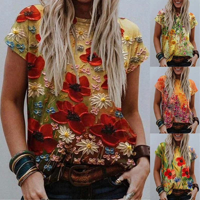 Kobiety Letnia moda Kolory Sexy 3D Koszulki Kwiatowy Wielkie Plus Wymiary Kwiatowy Temat Wielkie Vintage, Modne Bluzki, Koszulki