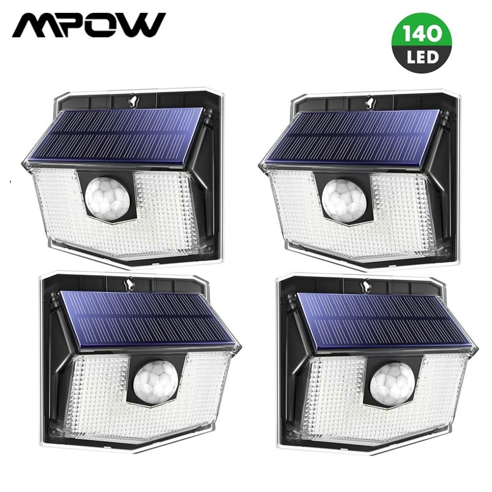 4 Pack MPOW 140 LED Solar Lights Upgarde IPX7 Wodoodporny Super Bright Wireless Motion Sensor Lamp with 3 Lighting Mode Wall Lamp