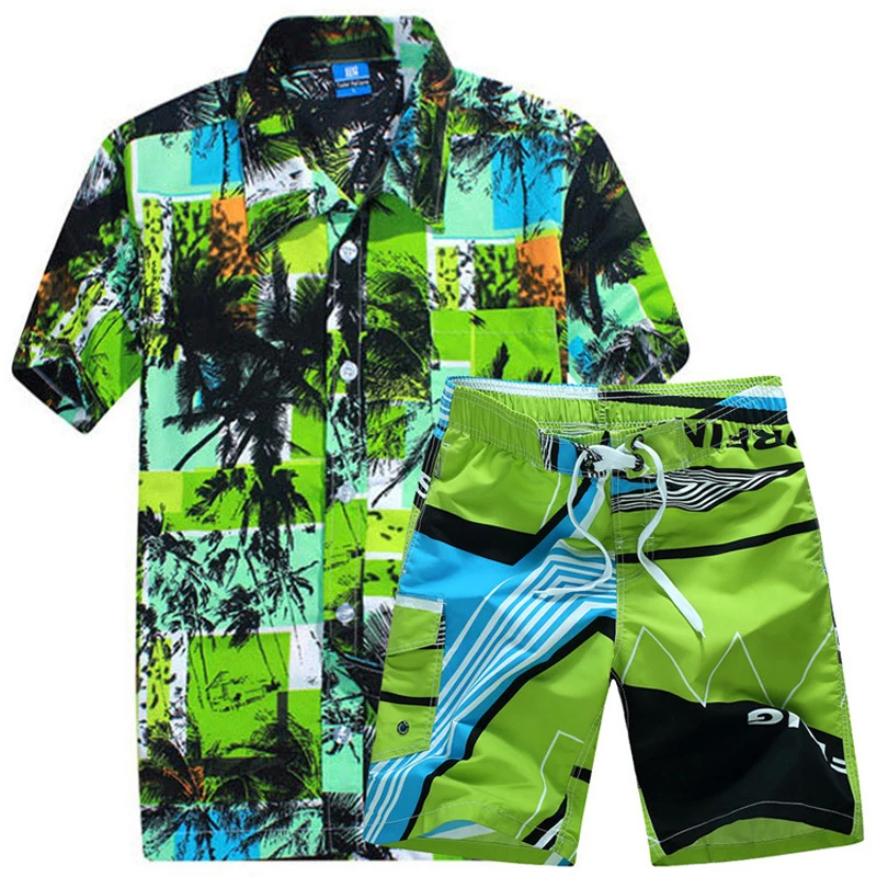 Męskie Hawajskie Koszule Zestaw 2020 Modny Kwiatowy Lato Koszule Mężczyźni +Print Spodenki Plażowe Z Krótkim Rękawem dres Męskie zestawy