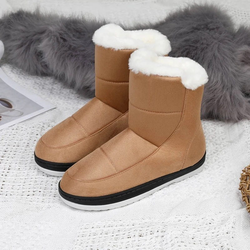 ASILETO Zimowe Ciepłe zimowe buty do połowy łydki z okrągłym czubkiem na płaskiej podeszwie z imitacji zamszu Slip-on Solid Big size 36-45 Black Apricot Casual A3160