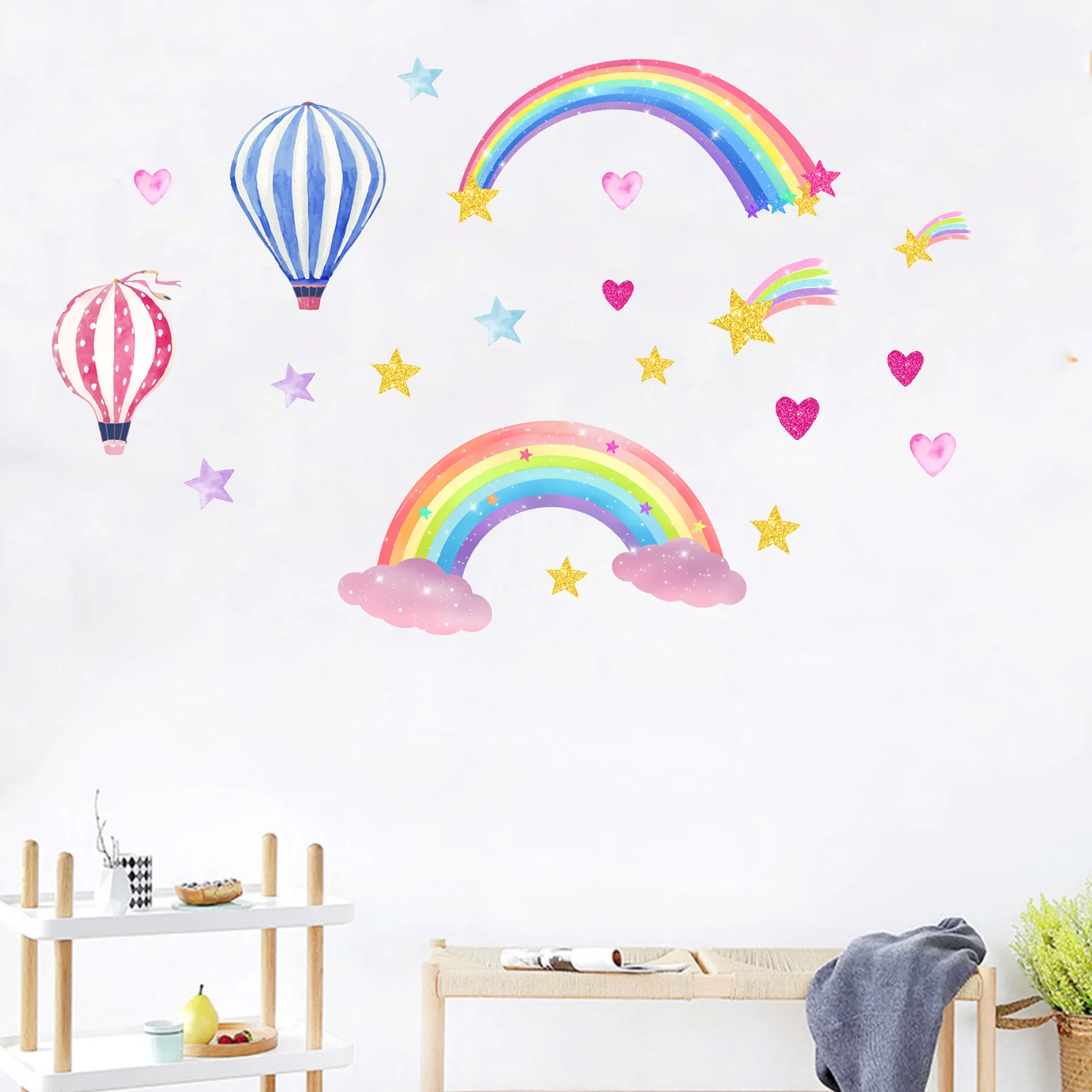 Hot Air Balloon Rainbow Wall Stickers, Living Room, Children ' s Room Background Wall Decoration Painting, Star Home Wall Decals