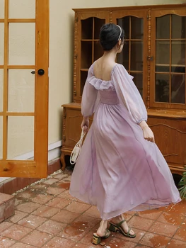 Wiosna Lawendowy i różowa szyfonowa Sukienka dla kobiet w stylu Domku Kwadratowy Kołnierz Elastyczny Codzienny Vintage Sukienki Księżniczki Vestido Playa
