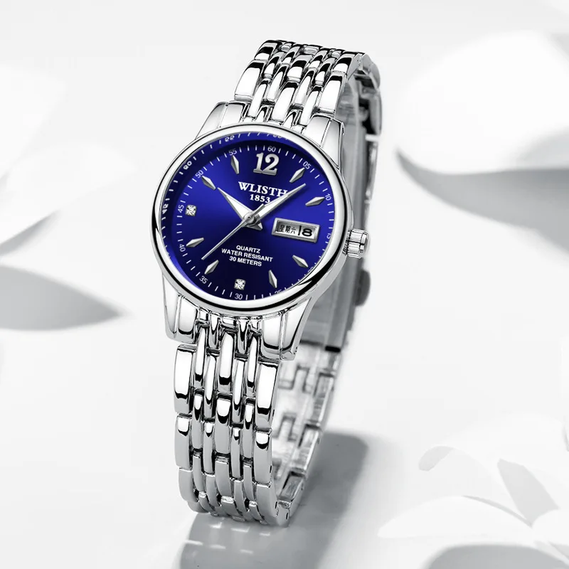 Zegarek stalowy pas podwójny kalendarz zegarek kwarcowy wodoodporne świecące modne codzienne małe świeże damskie zegarki