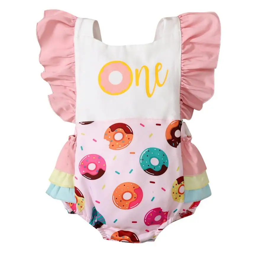 Summer Baby Infant Girls Sleeveless Romper with Donut Wzór One Letter Print Ruffle Summer Baby Bodysuits Clothing